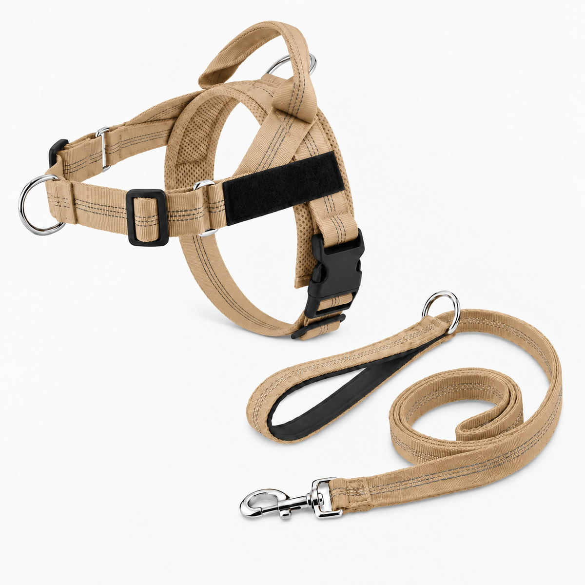 Harnais anti-traction chien camel avec laisse assortie