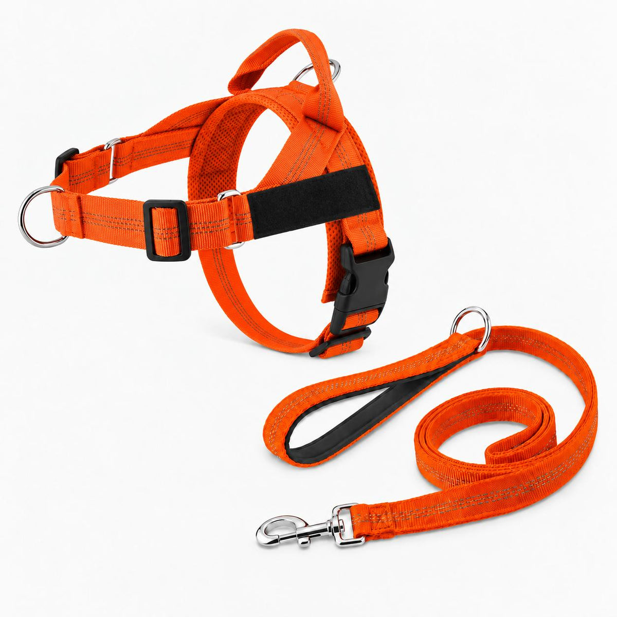 Harnais anti-traction chien orange avec laisse assortie
