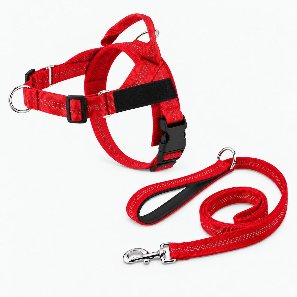 Harnais anti-traction chien rouge avec laisse assortie
