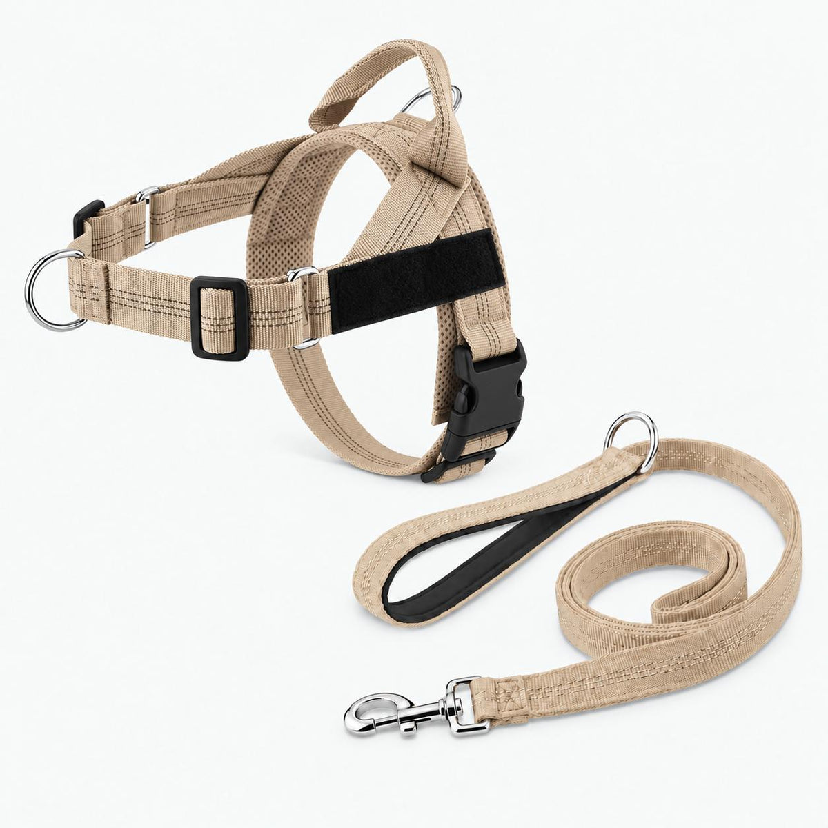 Harnais anti-traction chien beige avec laisse assortie